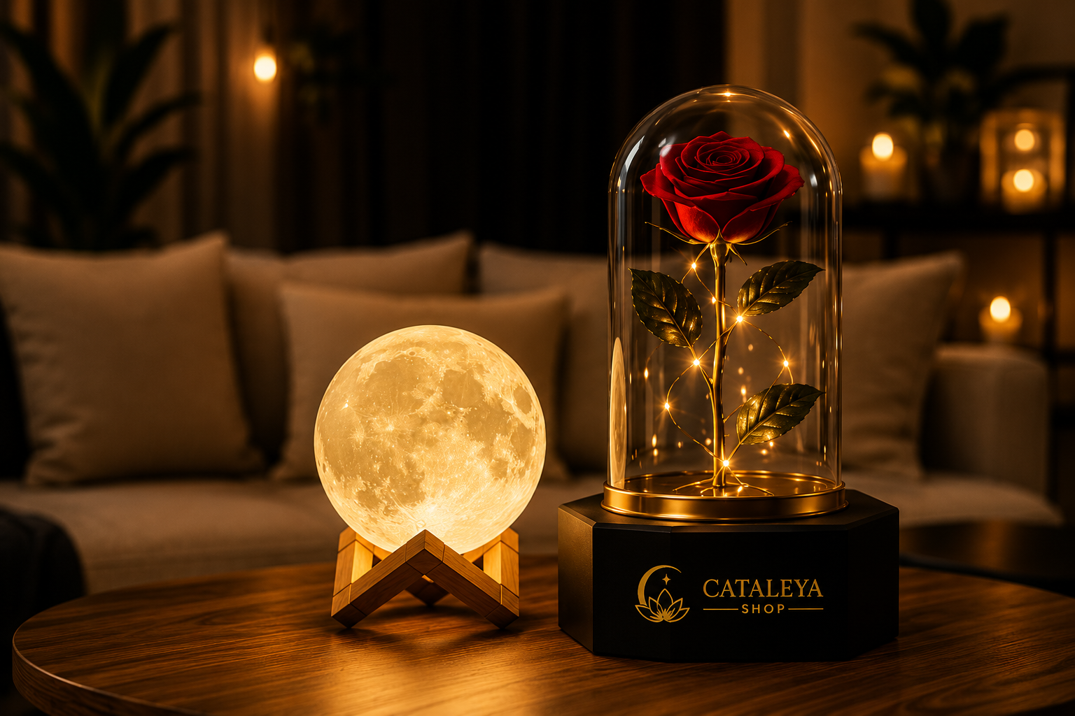 Cataleya Shop — set premium lună și trandafir etern
